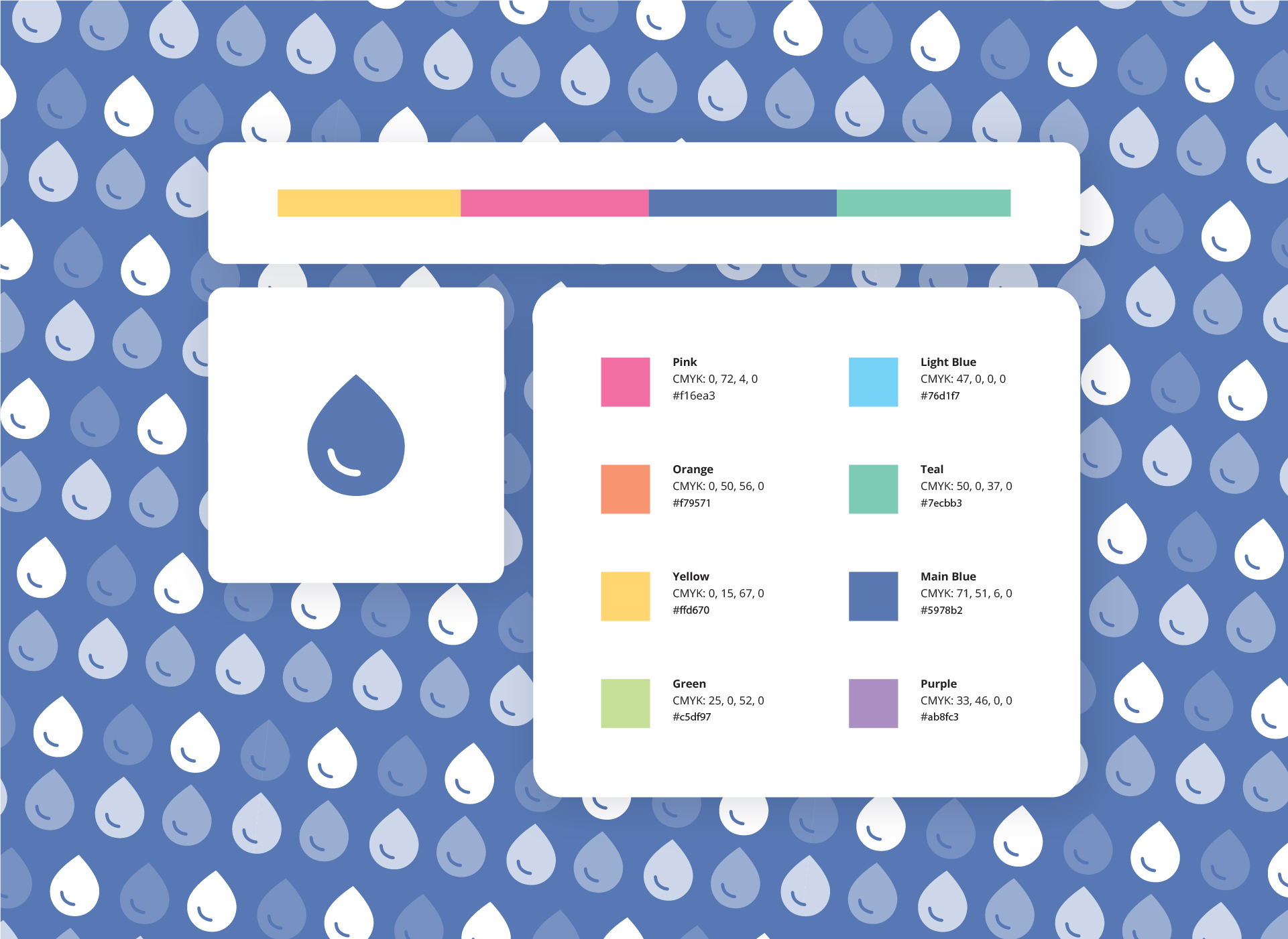 The guide's colour palette swatches with CMYK and hex codes, on a blue raindrop-patterned background.