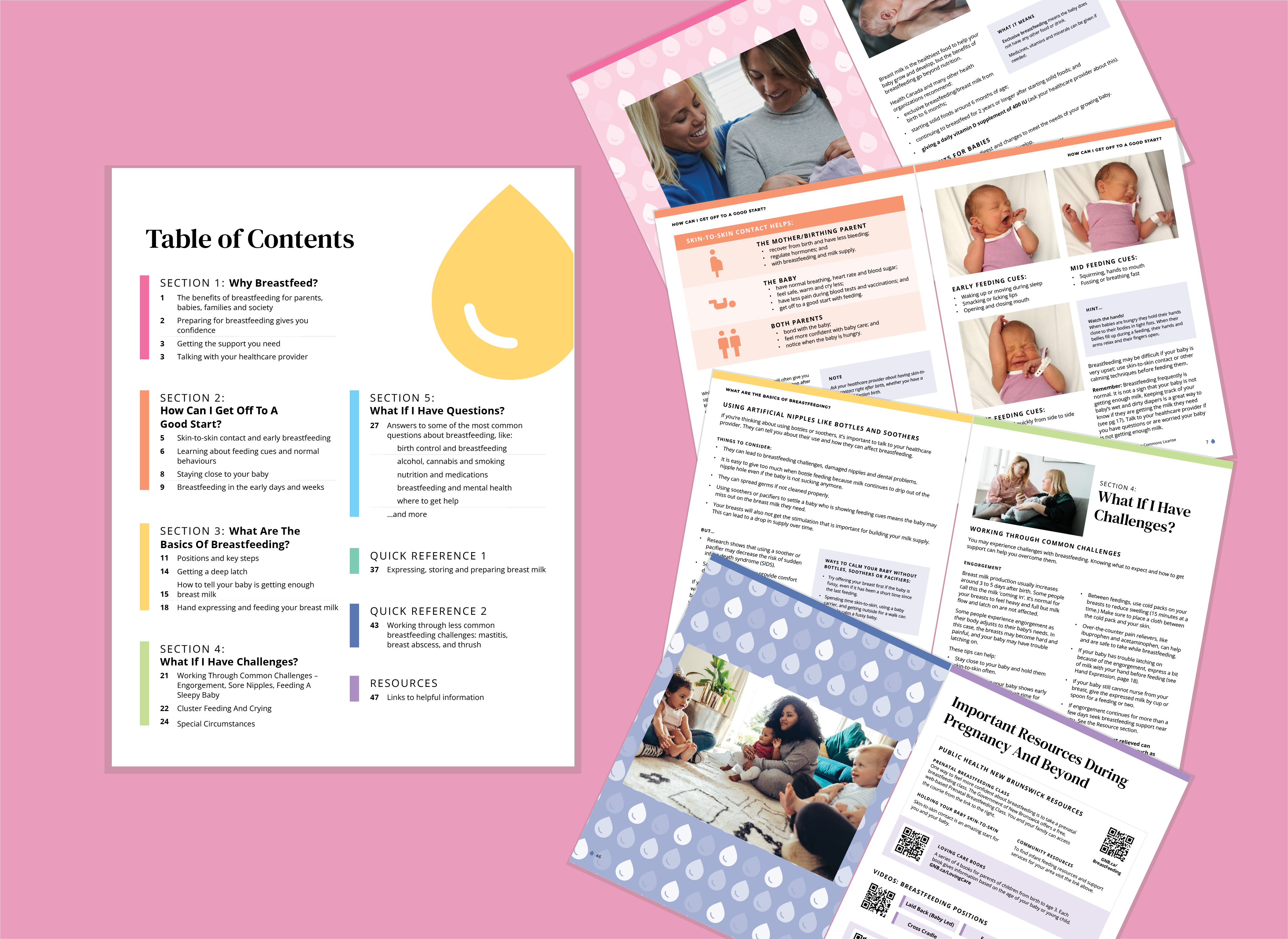 Several guide pages fanned out, showing the colour-coded tab system along the top edge of each page mapped to the table of contents.