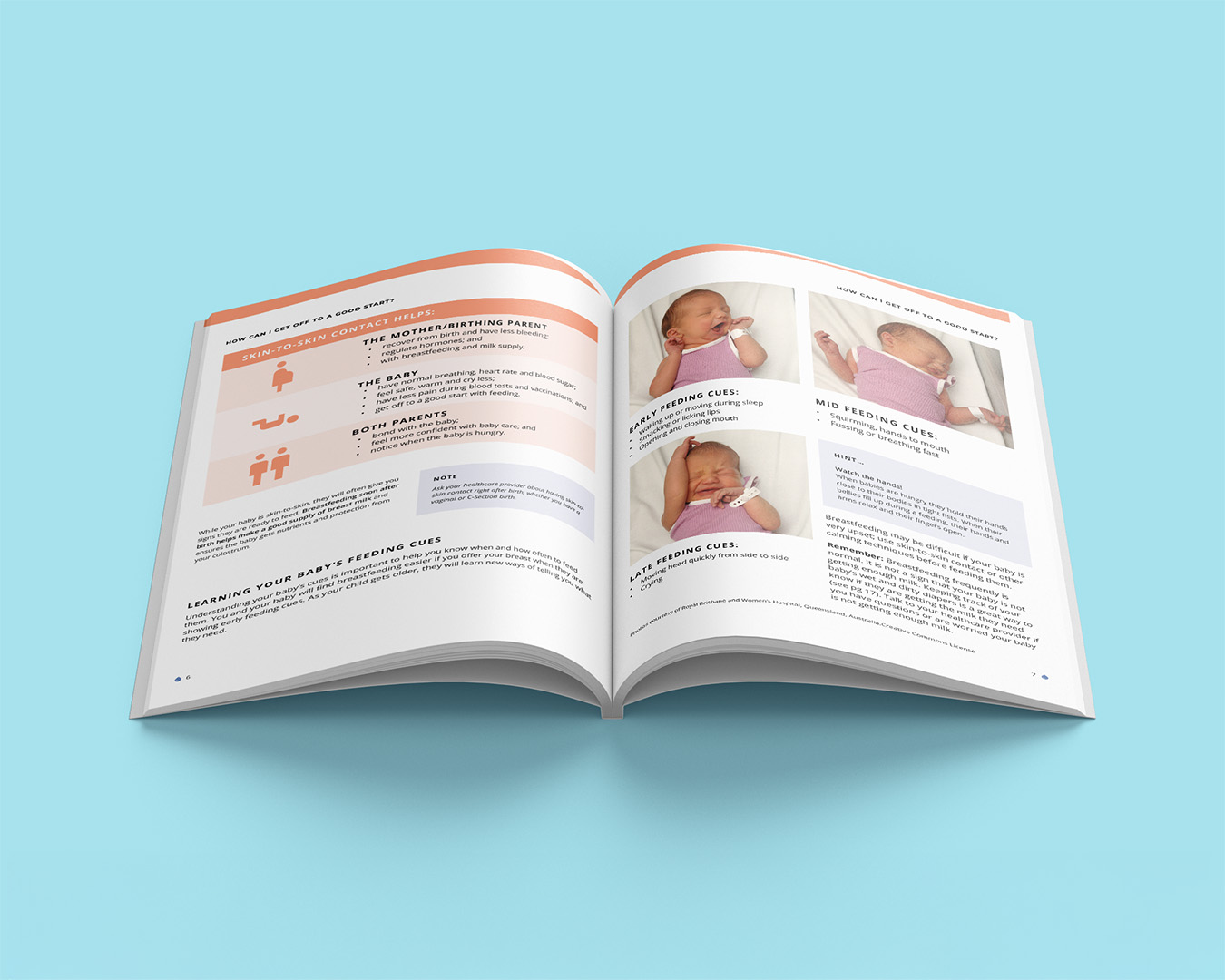 Open guide spread showing feeding cues pages with newborn photos, on a light blue background.