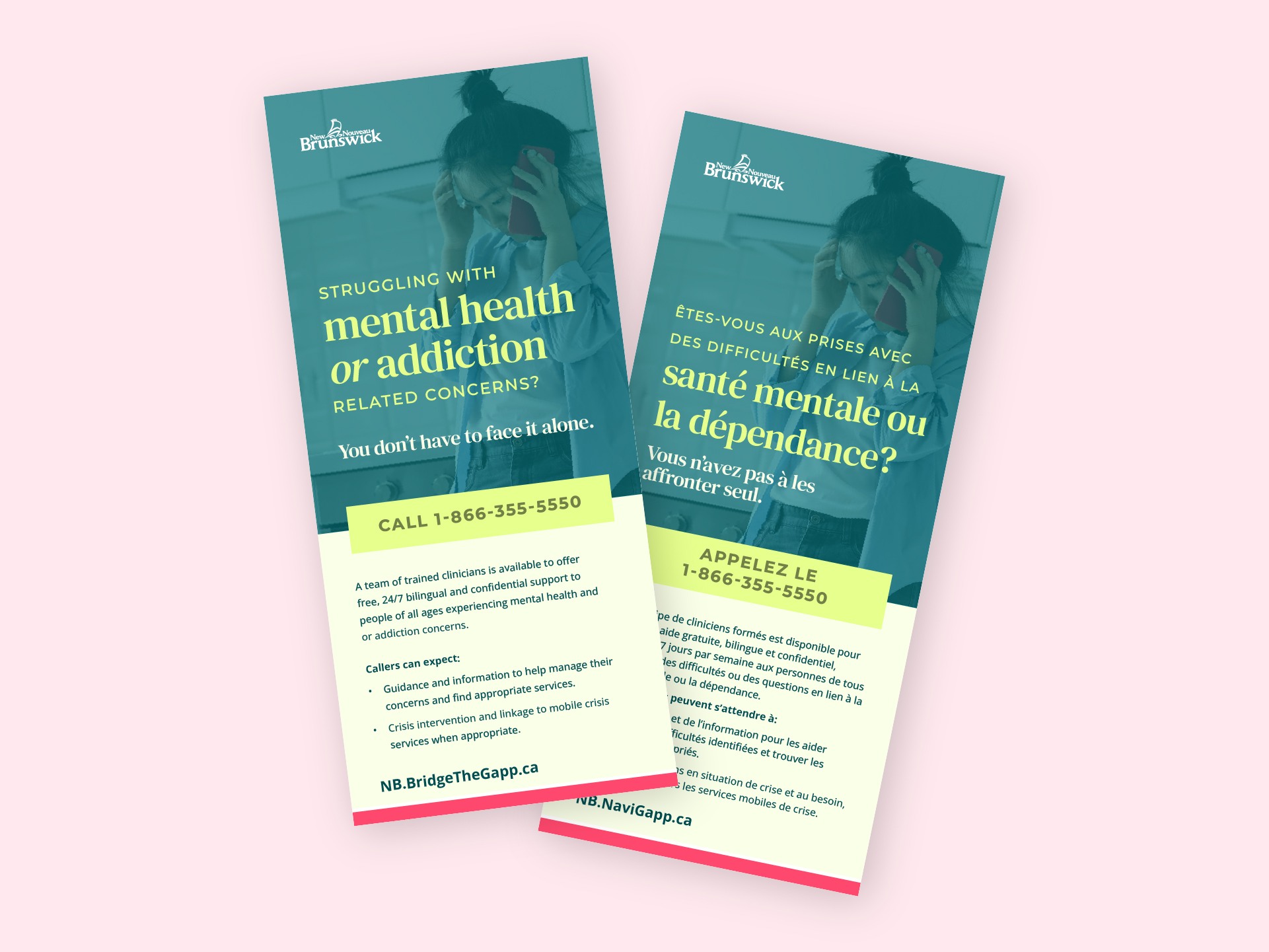 Flat brochure spread for the mental health and addiction helpline, in English and French.