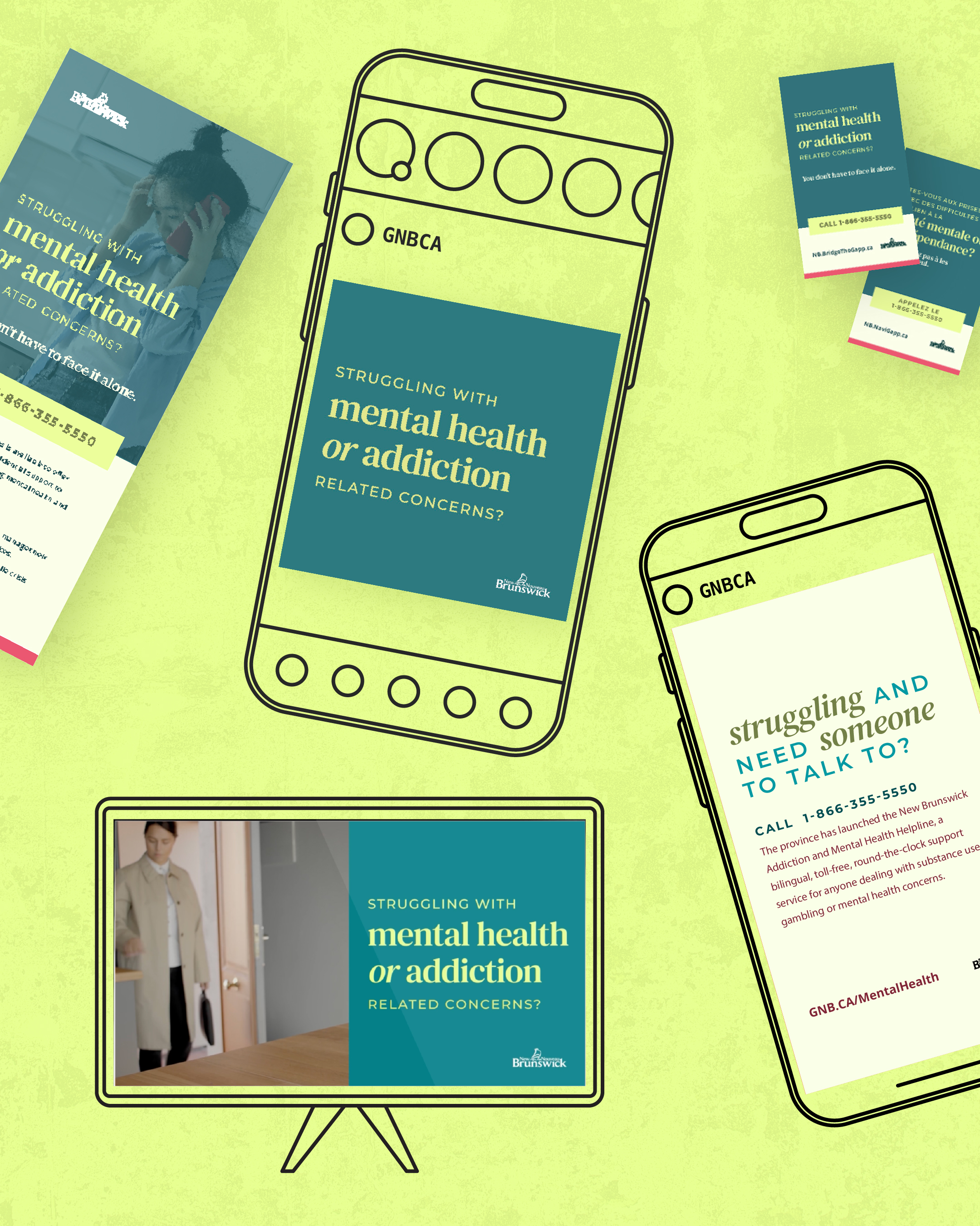 Flat lay of the campaign's printed handouts, pamphlet and phone mockups on a bright green background.