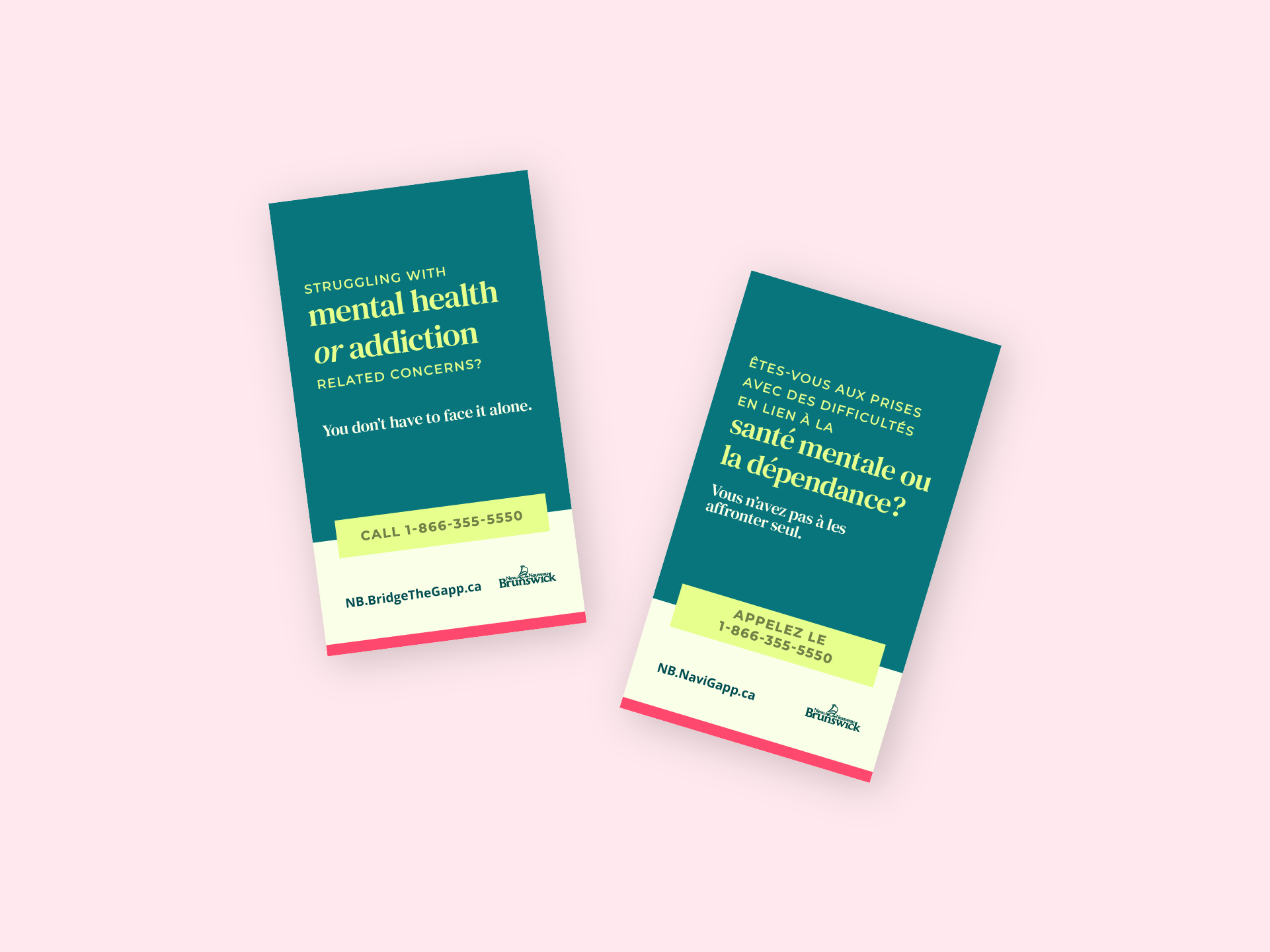 Credit card-sized handouts with the helpline number, in English and French.