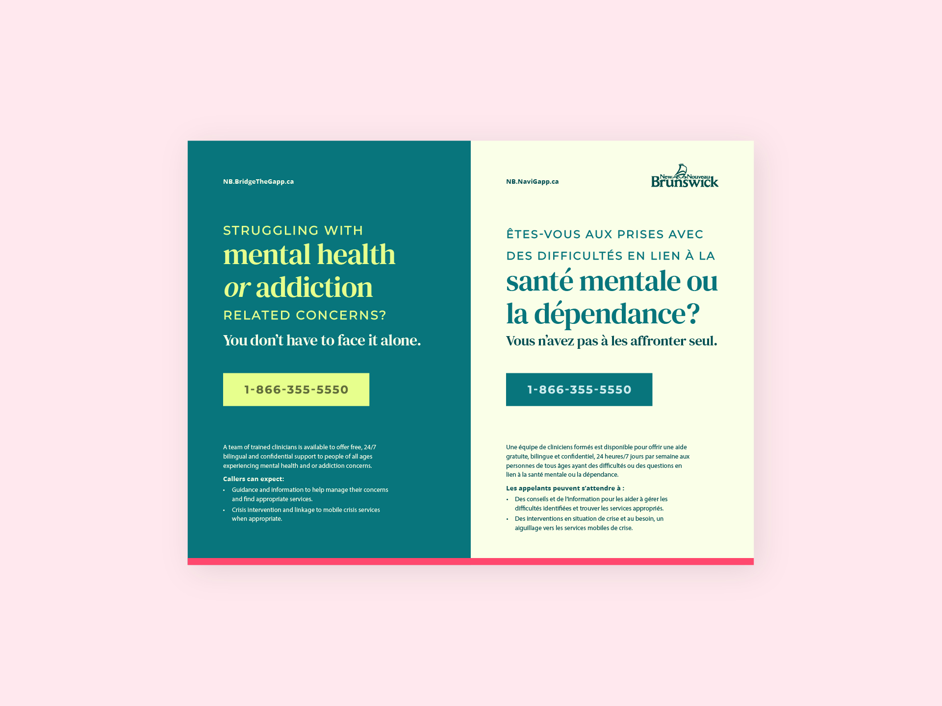 Poster reading as two posters side by side, French and English, for the mental health and addiction helpline.