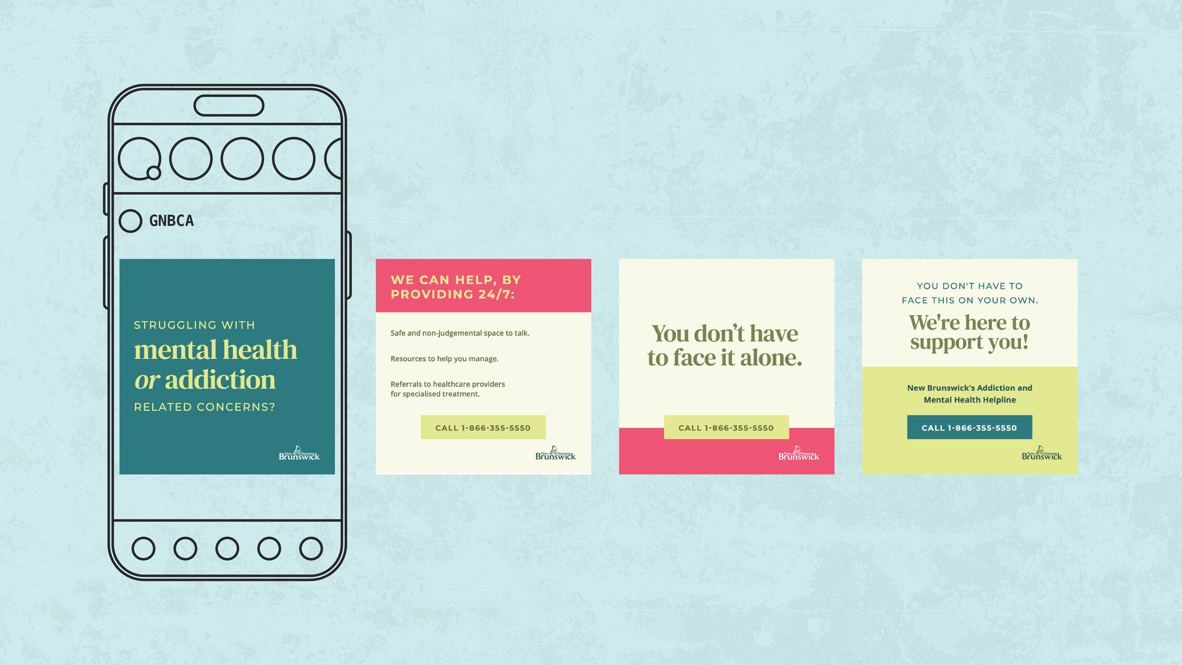 Phone mockup of an Instagram carousel post cycling through colour-blocked cards about mental health support.