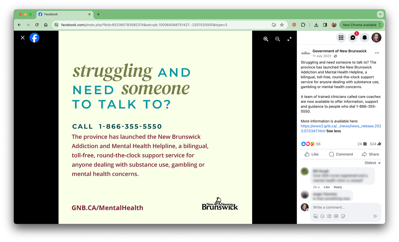 Screenshot of a Facebook post reading 'struggling and need someone to talk to?' with the helpline number.