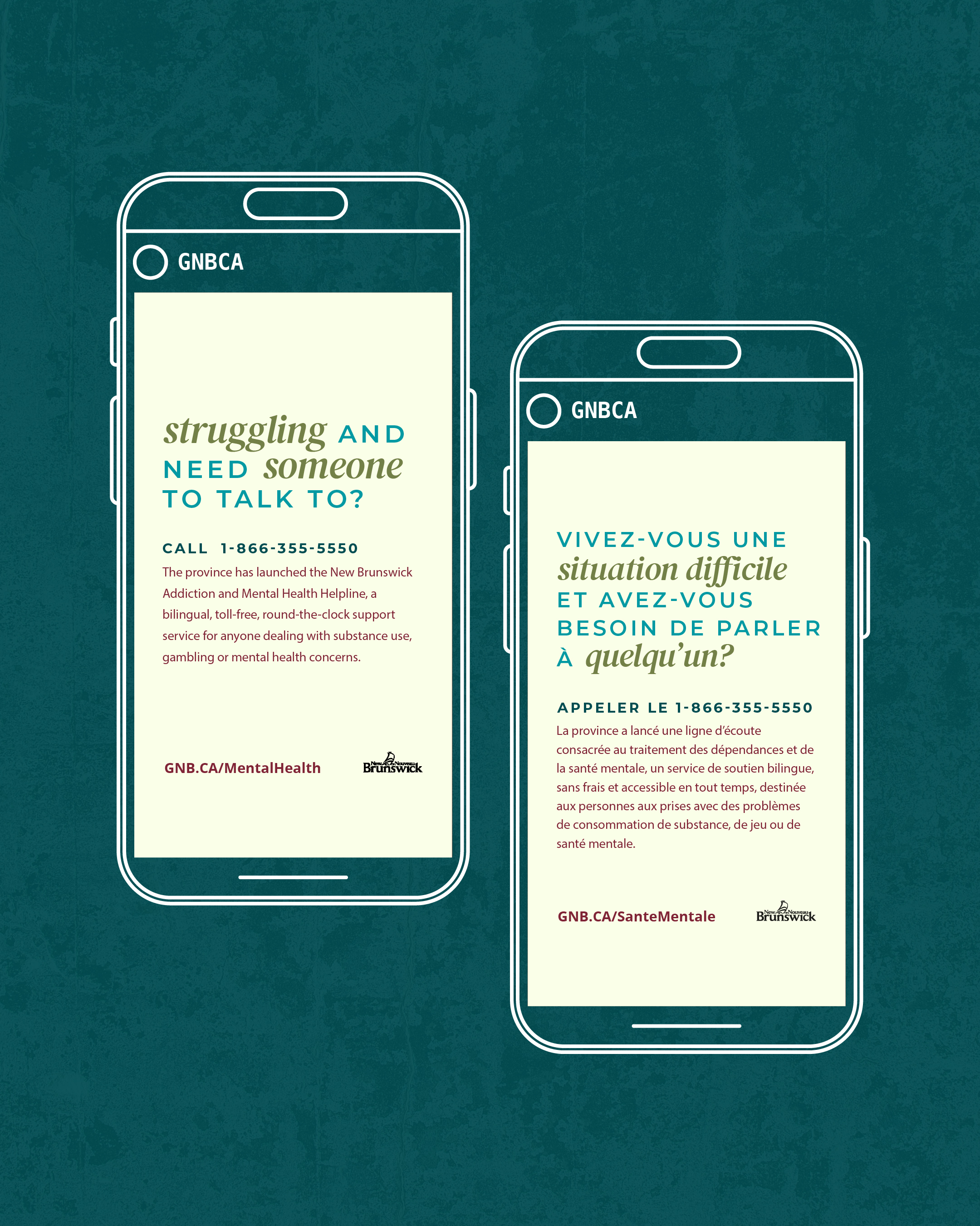 Two phone mockups showing static Instagram story posts in English and French, on a dark teal background.