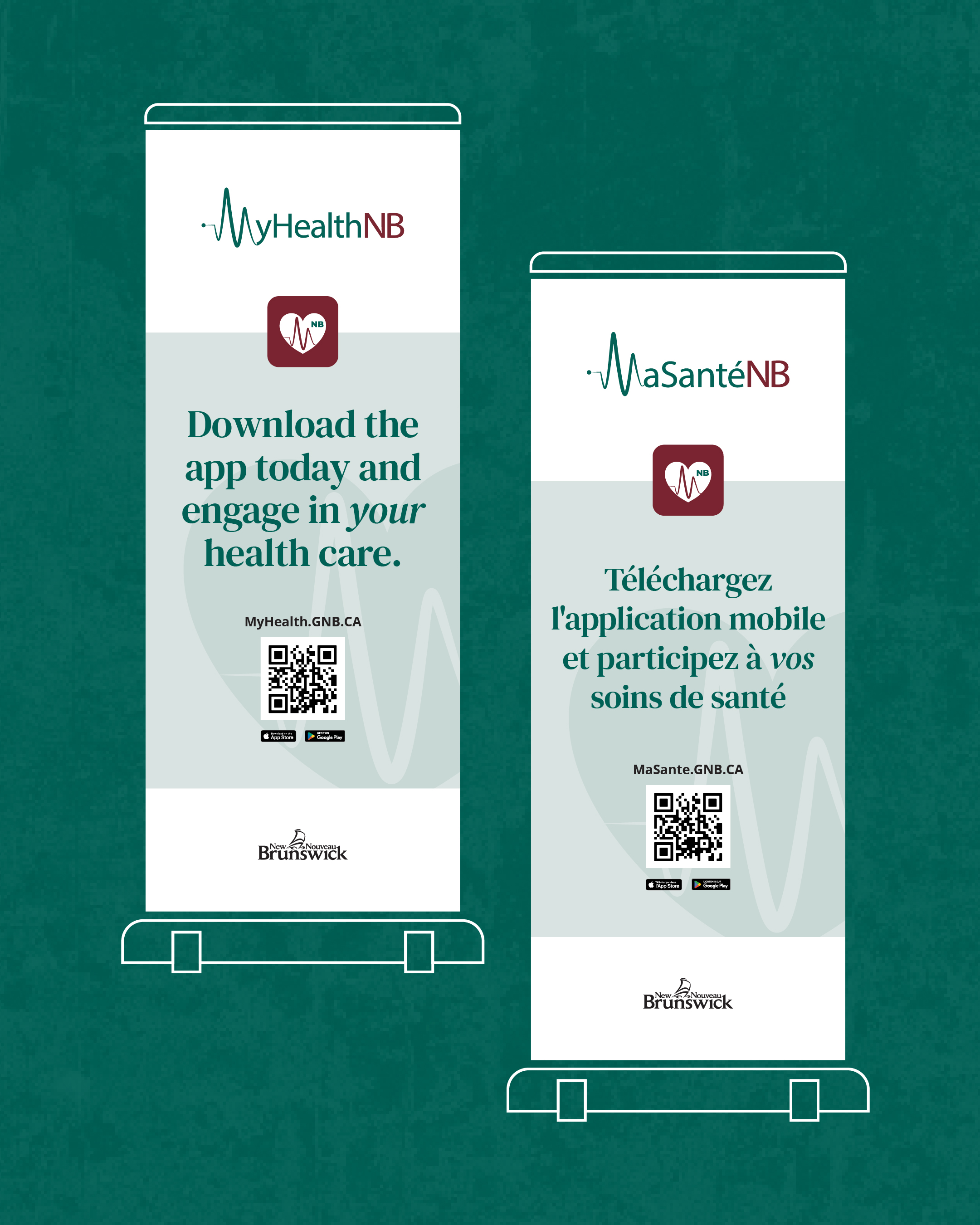Two vertical banner mockups reading 'Download the app today' in English and French, on a teal background.