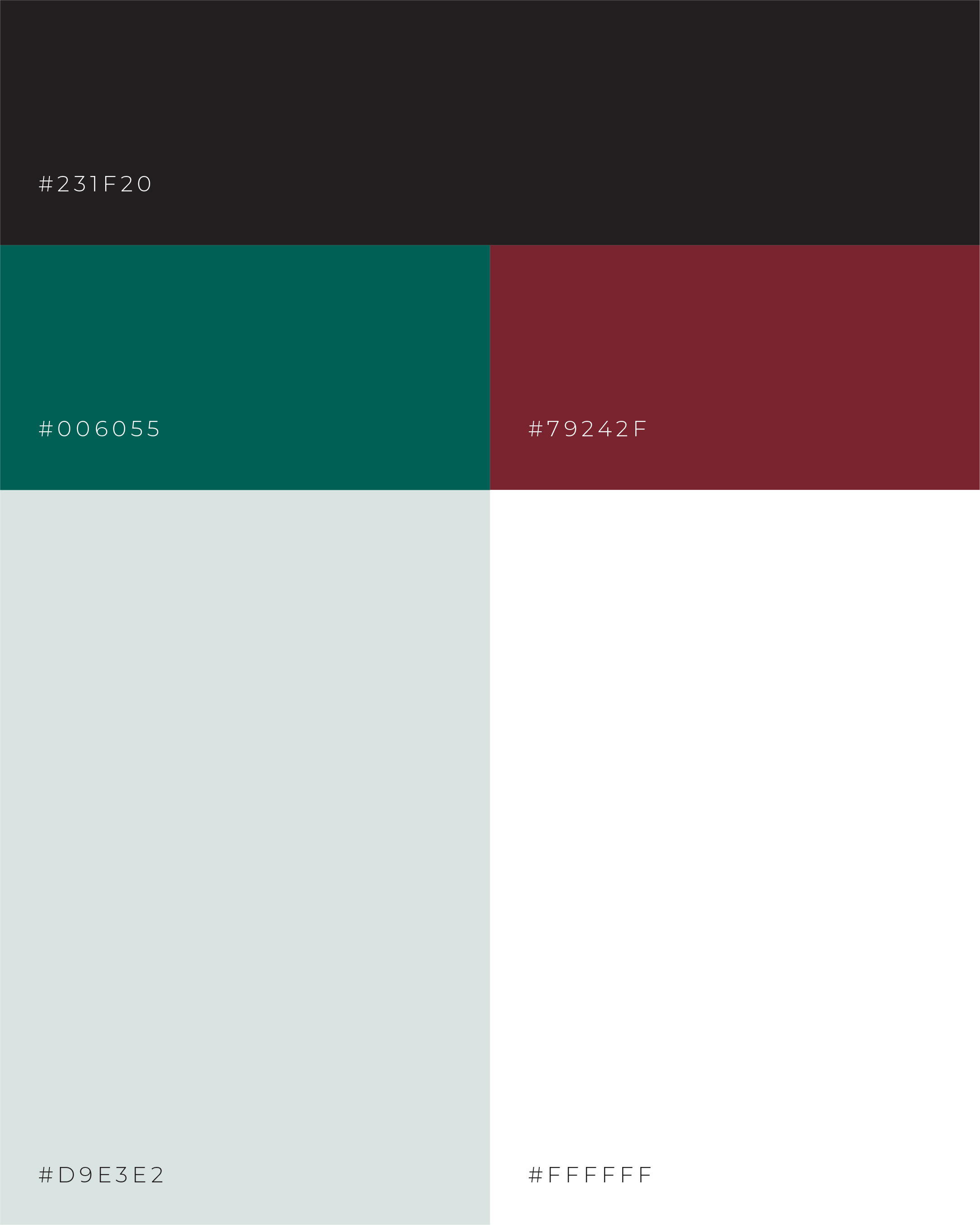 Colour swatches used in the campaign: near-black, dark teal, pale sage, white and maroon.
