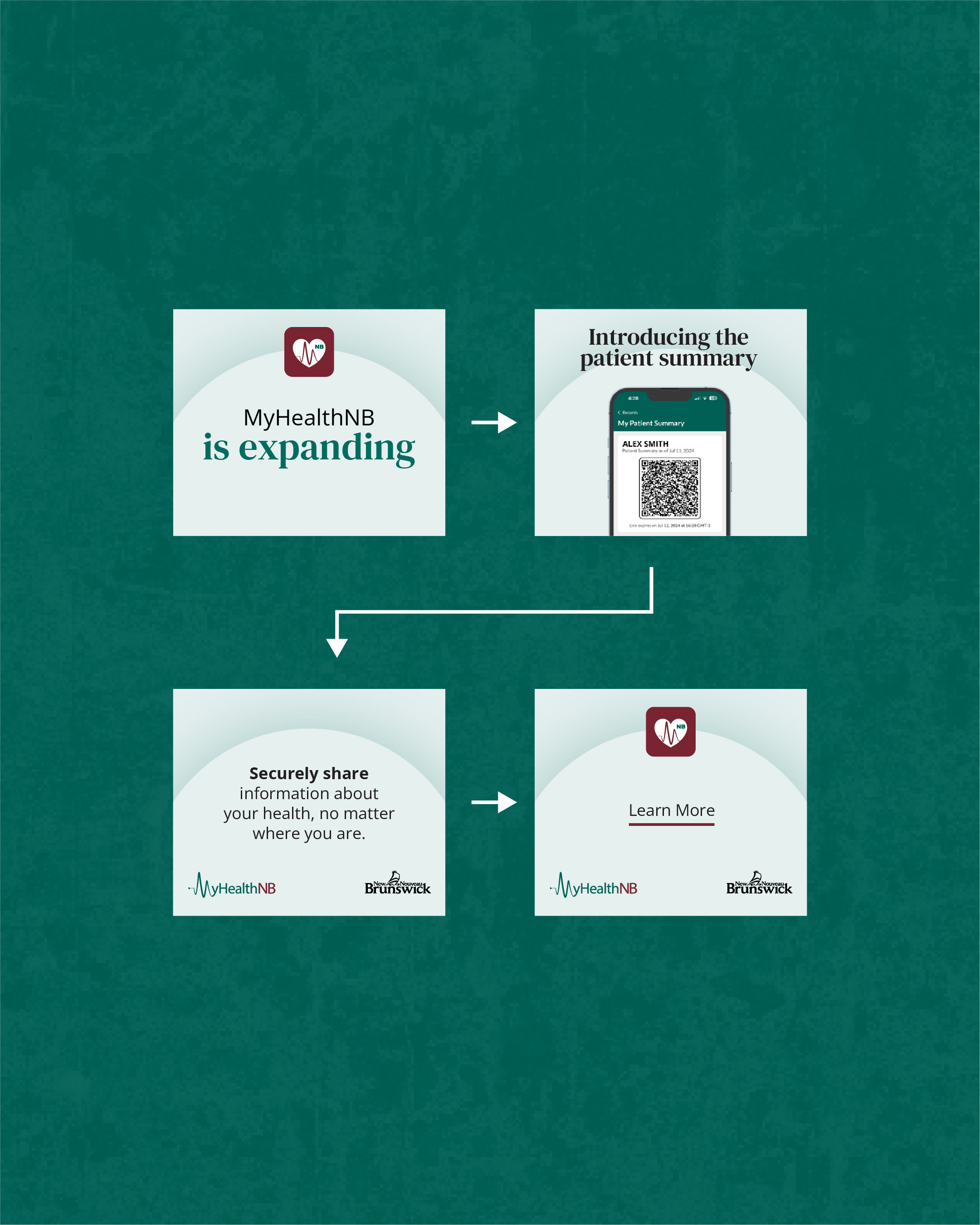 Web digital ad reading 'MyHealthNB is expanding' with a flow into 'Introducing the patient summary', on a maroon background.