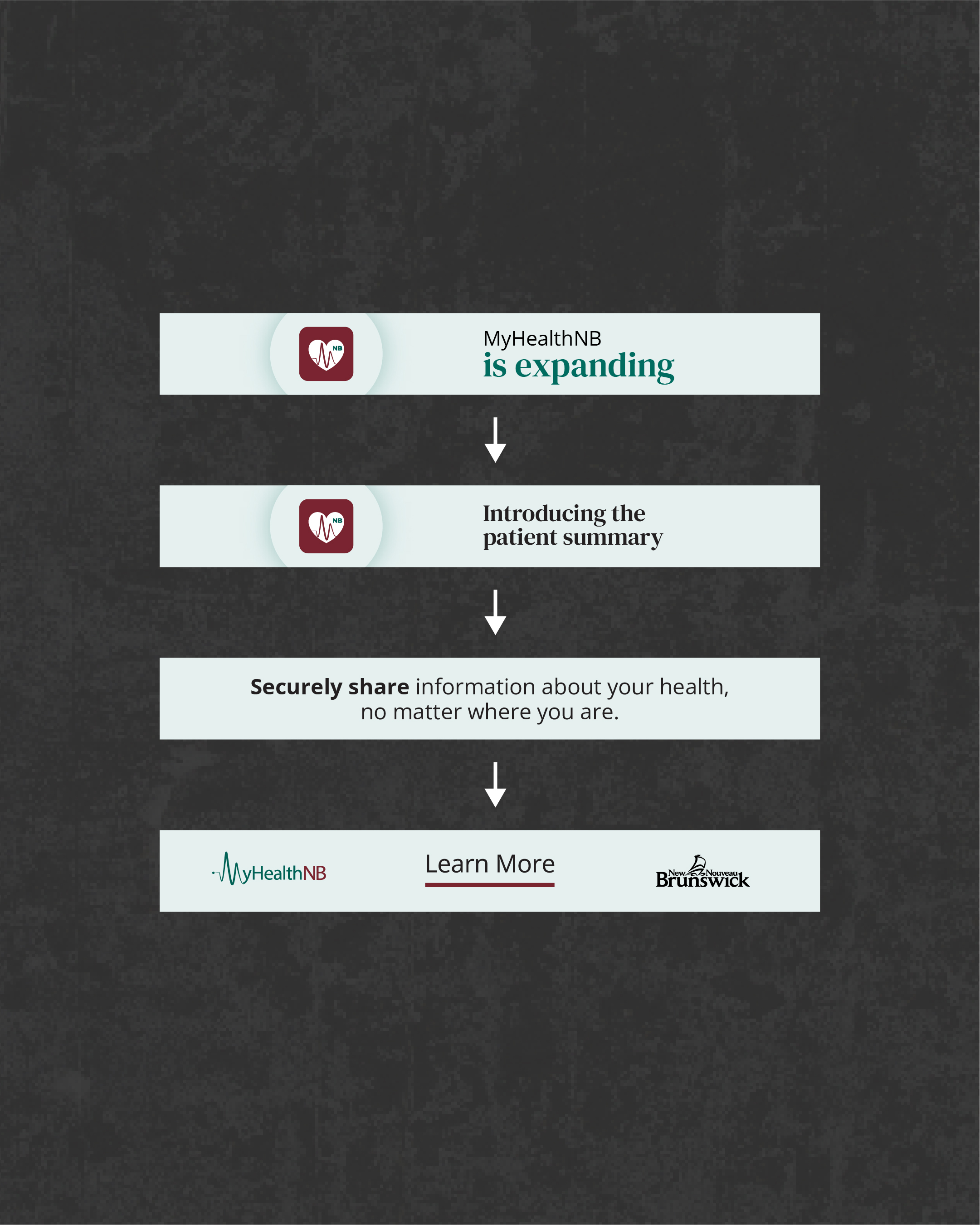 Web digital ad reading 'MyHealthNB is expanding' with a flow into 'Introducing the patient summary', on a dark background.