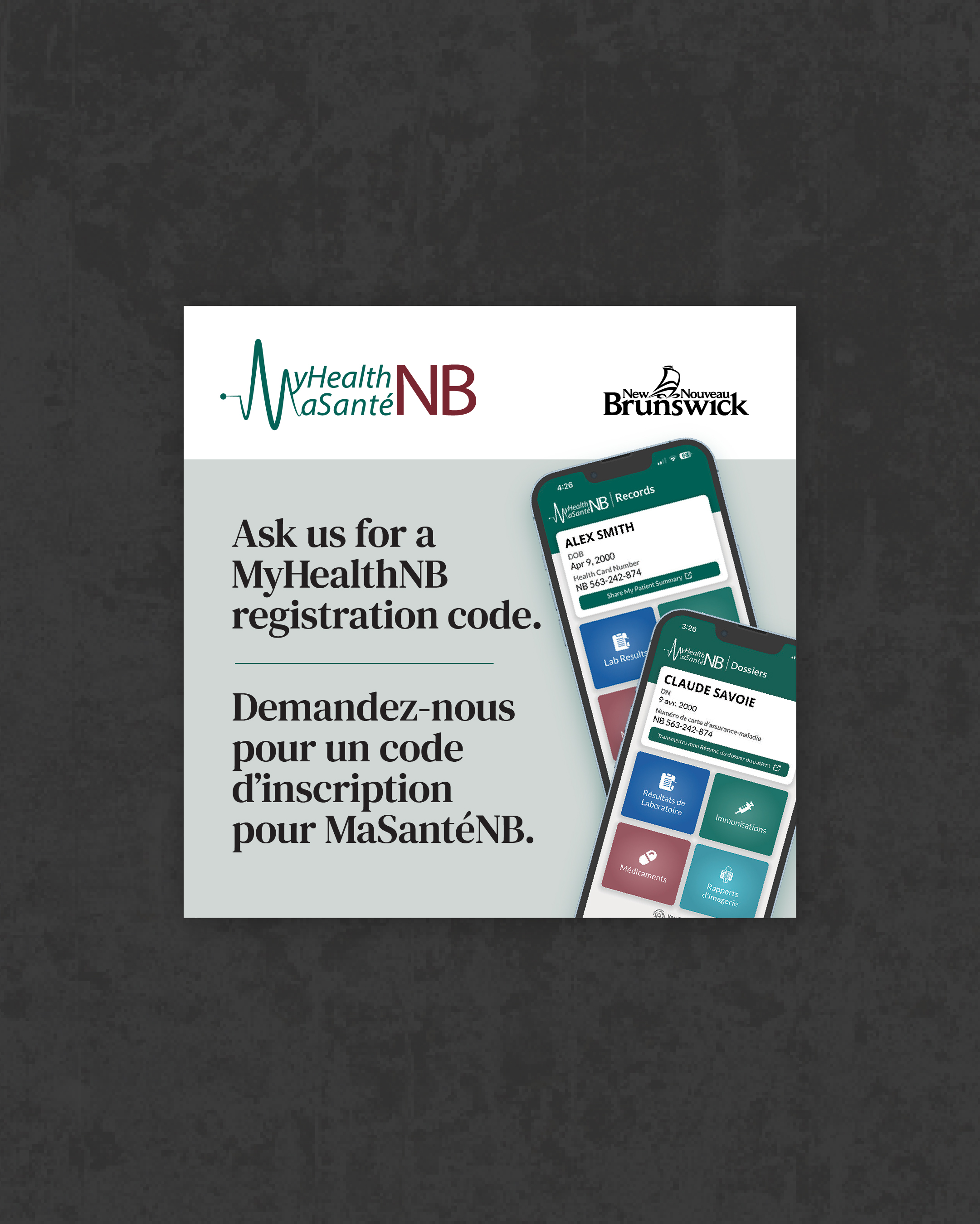 Sticker design placed in pharmacies and public health locations, reading 'Ask us for a MyHealthNB registration code.'