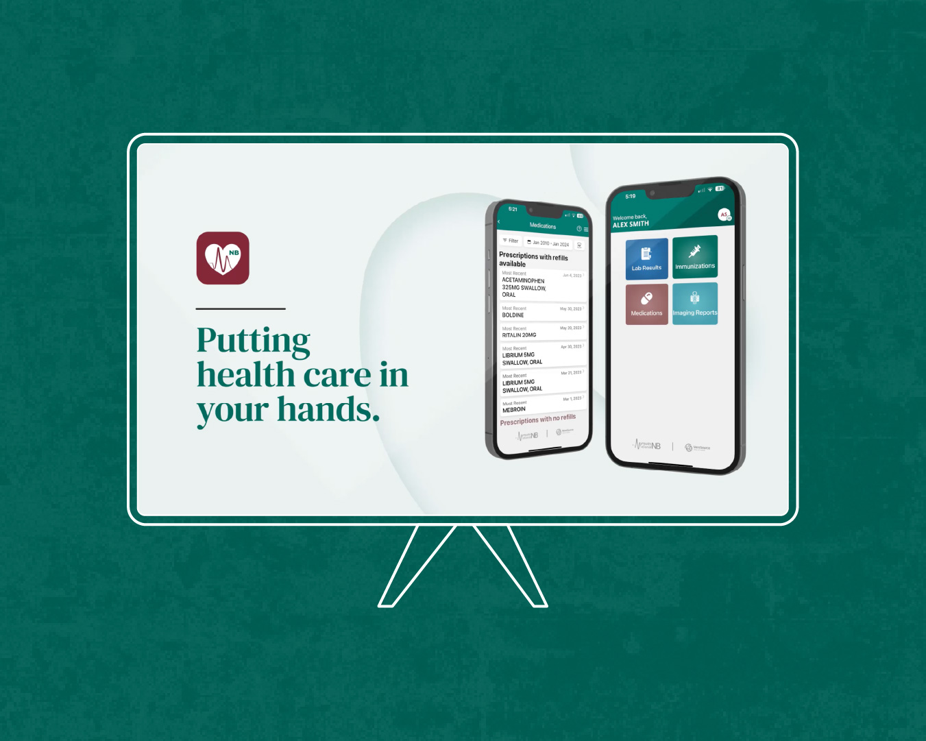 TV mockup of the MyHealthNB launch film reading 'Putting health care in your hands', on a teal background.