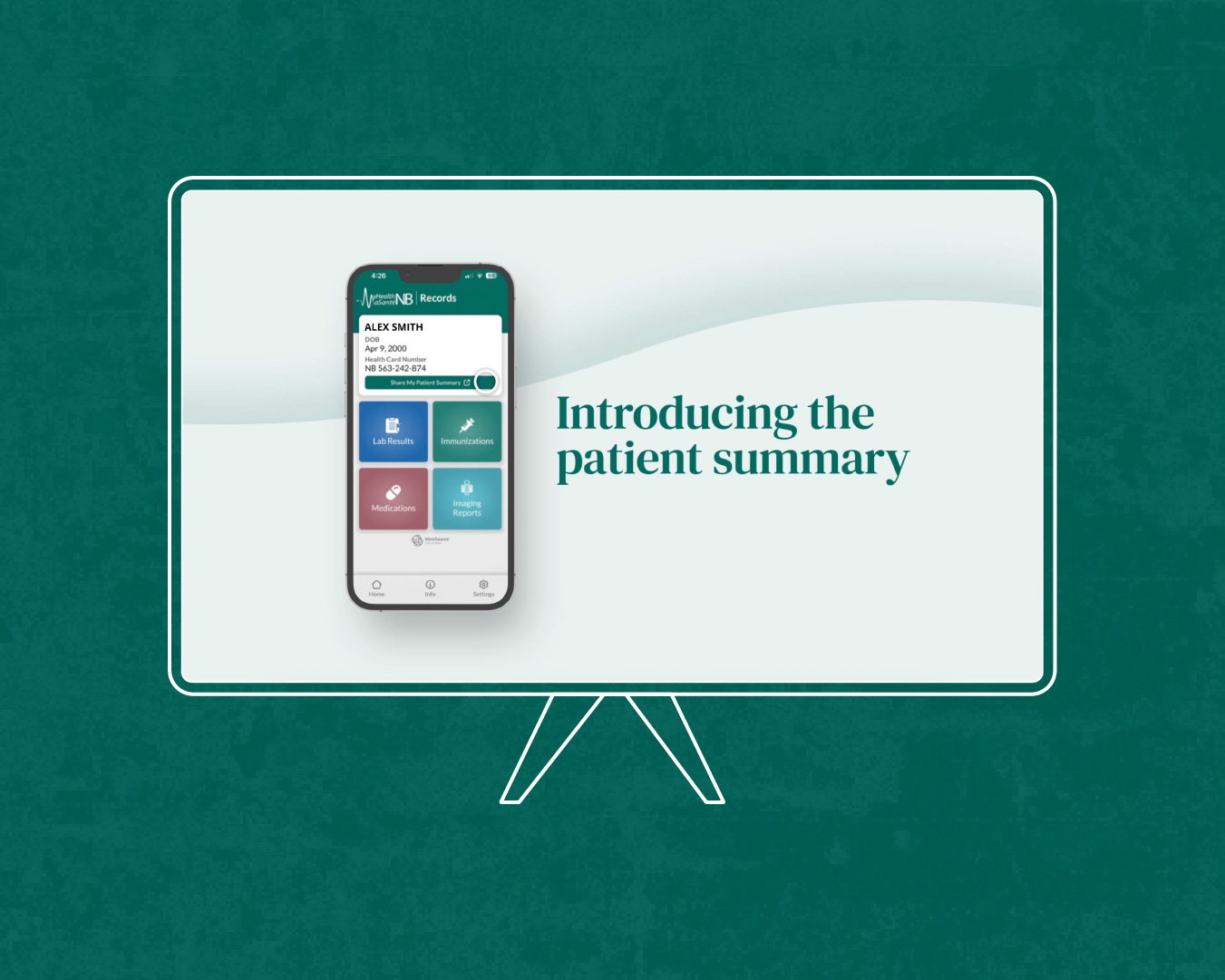 TV mockup of the MyHealthNB Patient Summary update reading 'Introducing the patient summary', beside a phone screen showing the app's records view, on a teal background.