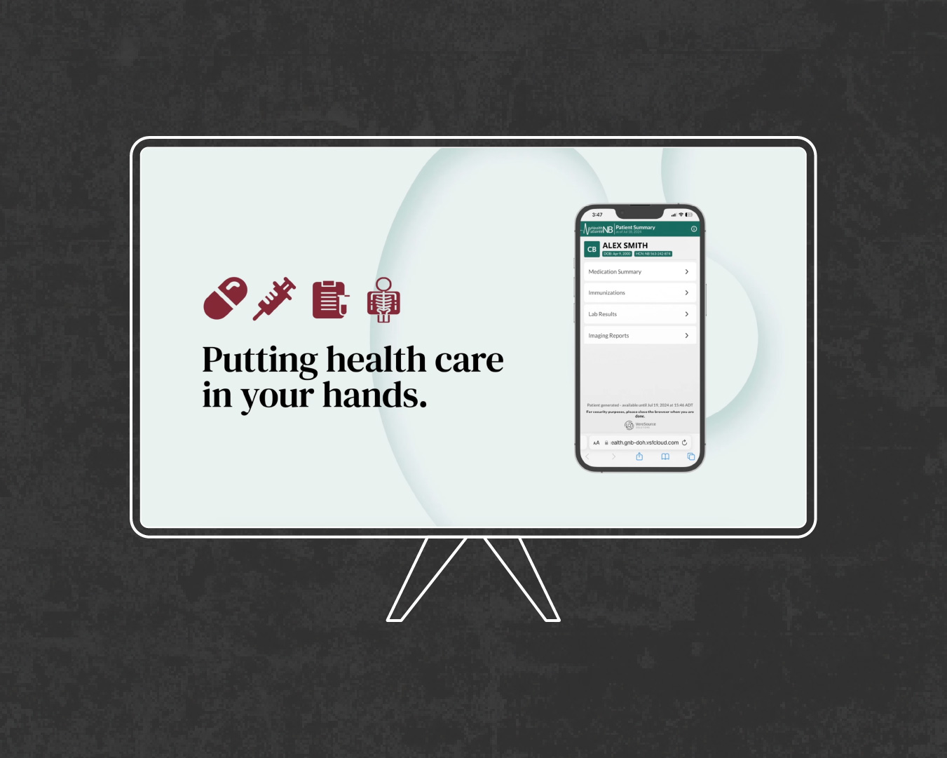 TV mockup of the MyHealthNB Patient Summary update reading 'Putting health care in your hands', beside a phone screen showing the patient summary list, on a dark background.