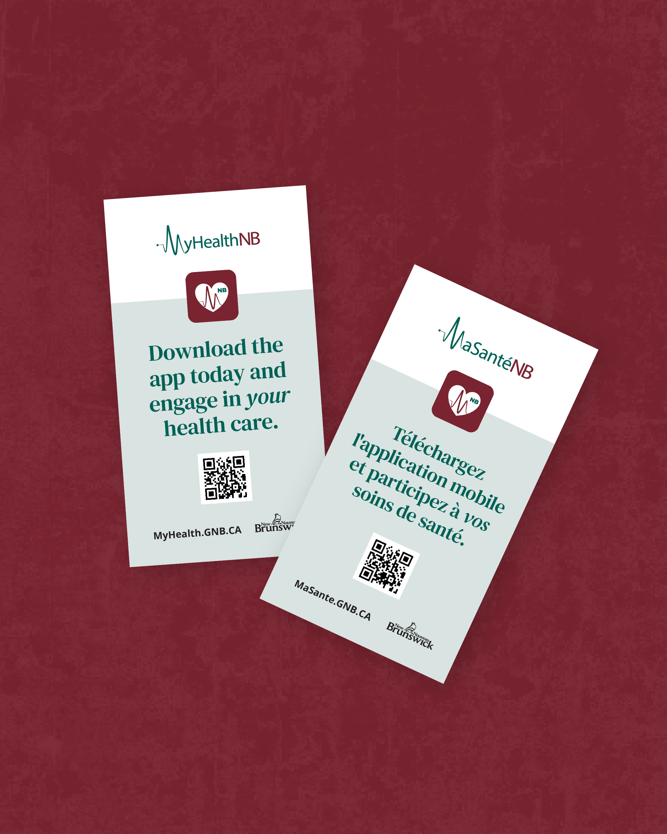 Two credit card-sized handout cards for the MyHealthNB app, on a maroon background.