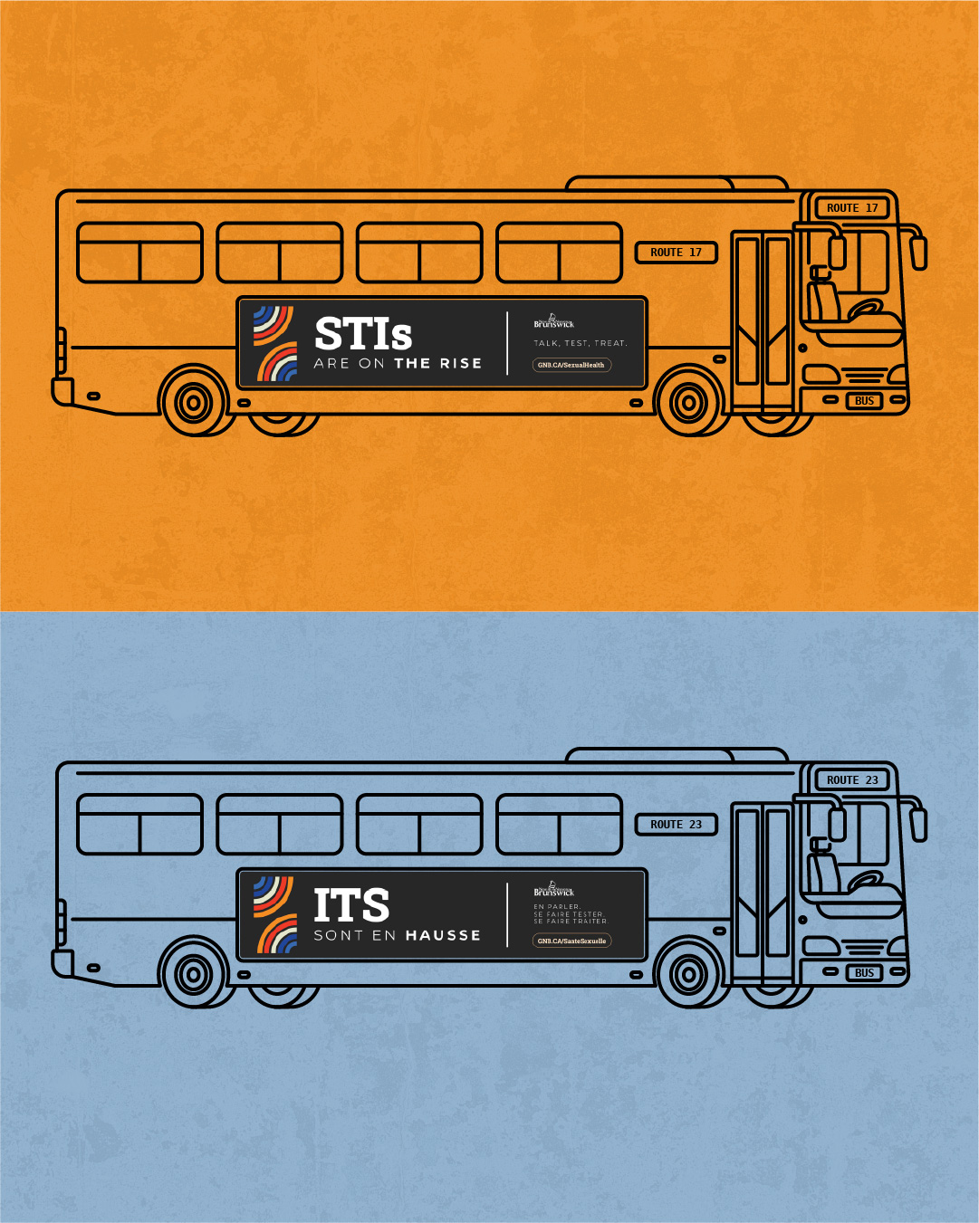 Illustrated transit bus ads reading 'STIs' in English and 'ITS' in French, stacked in orange and blue.