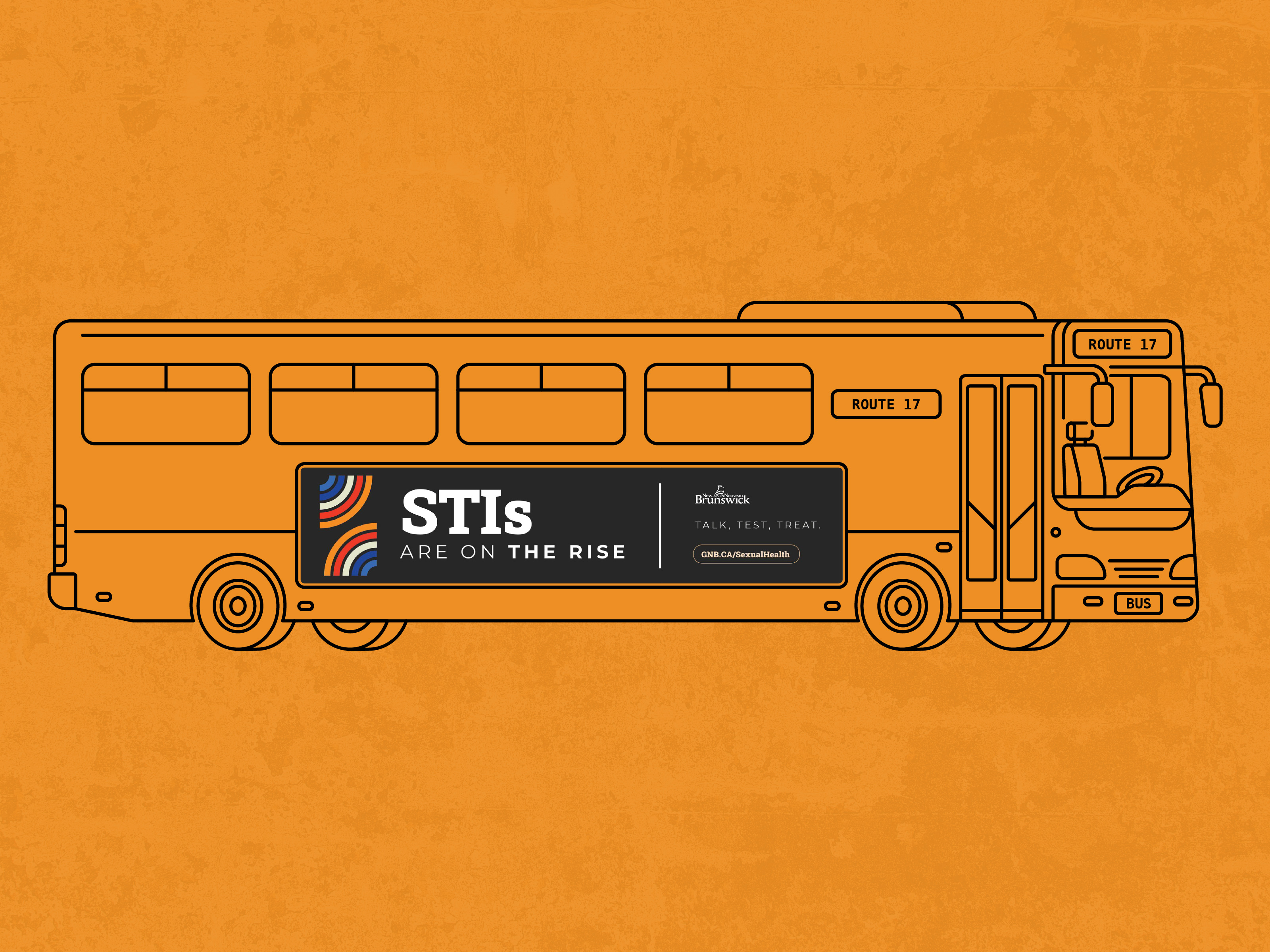 Illustrated mockup of the English-language transit bus ad, 'STIs are on the rise', on an orange background.