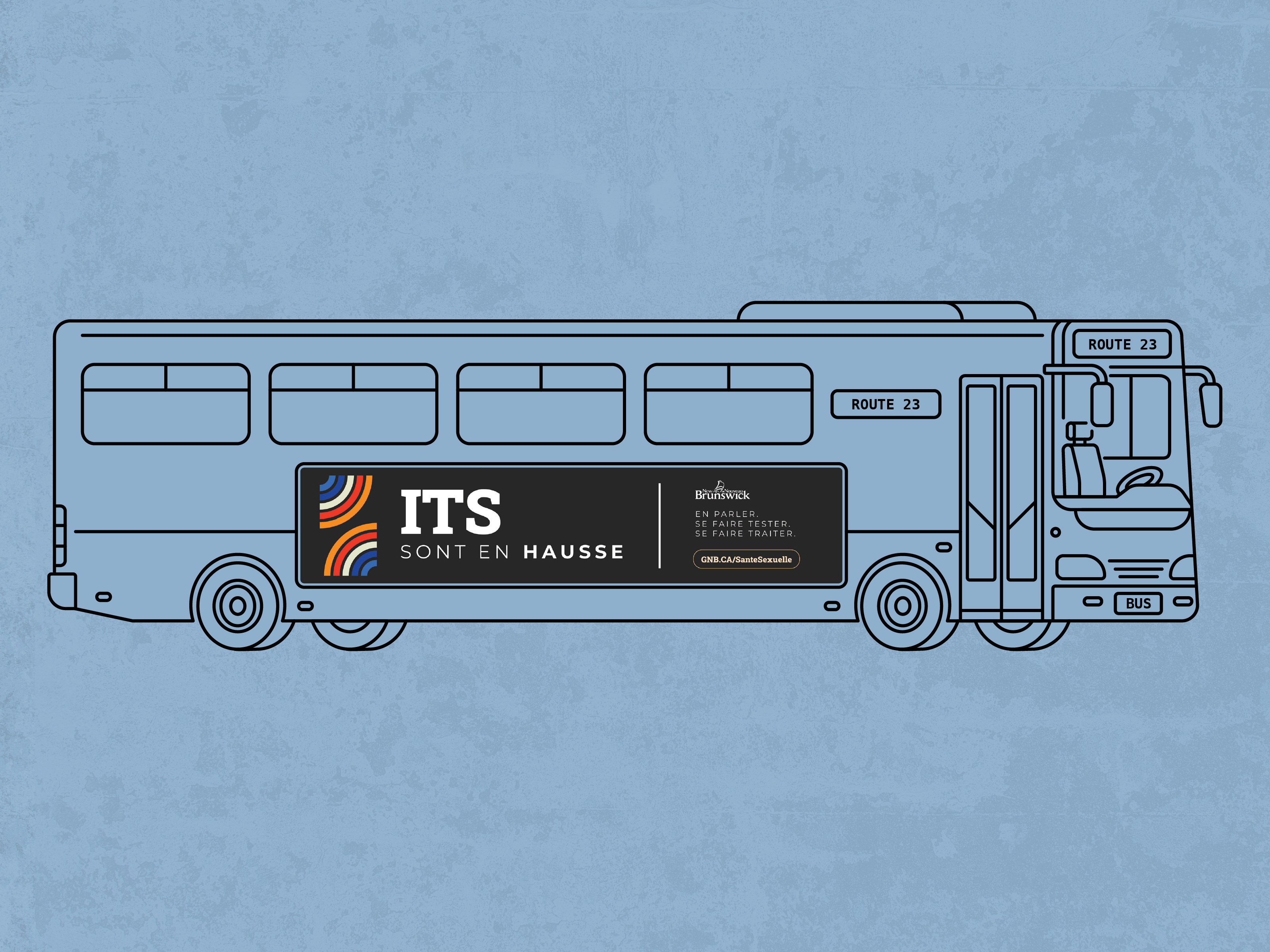 Illustrated mockup of the French-language transit bus ad, 'ITS sont en hausse', on a blue background.