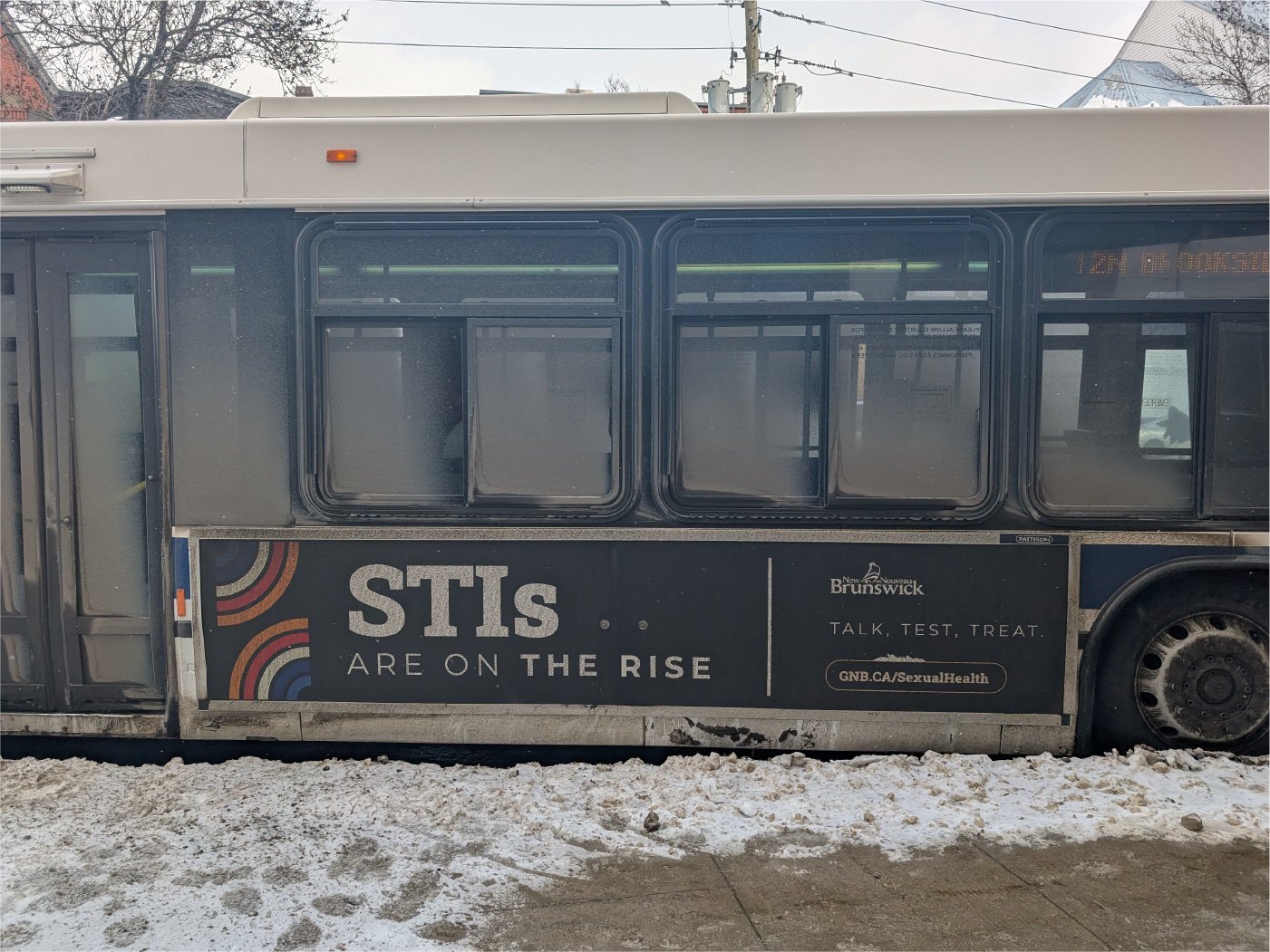 A real transit bus in winter conditions displaying the English-language 'STIs are on the rise' ad, covered in road salt and slush.