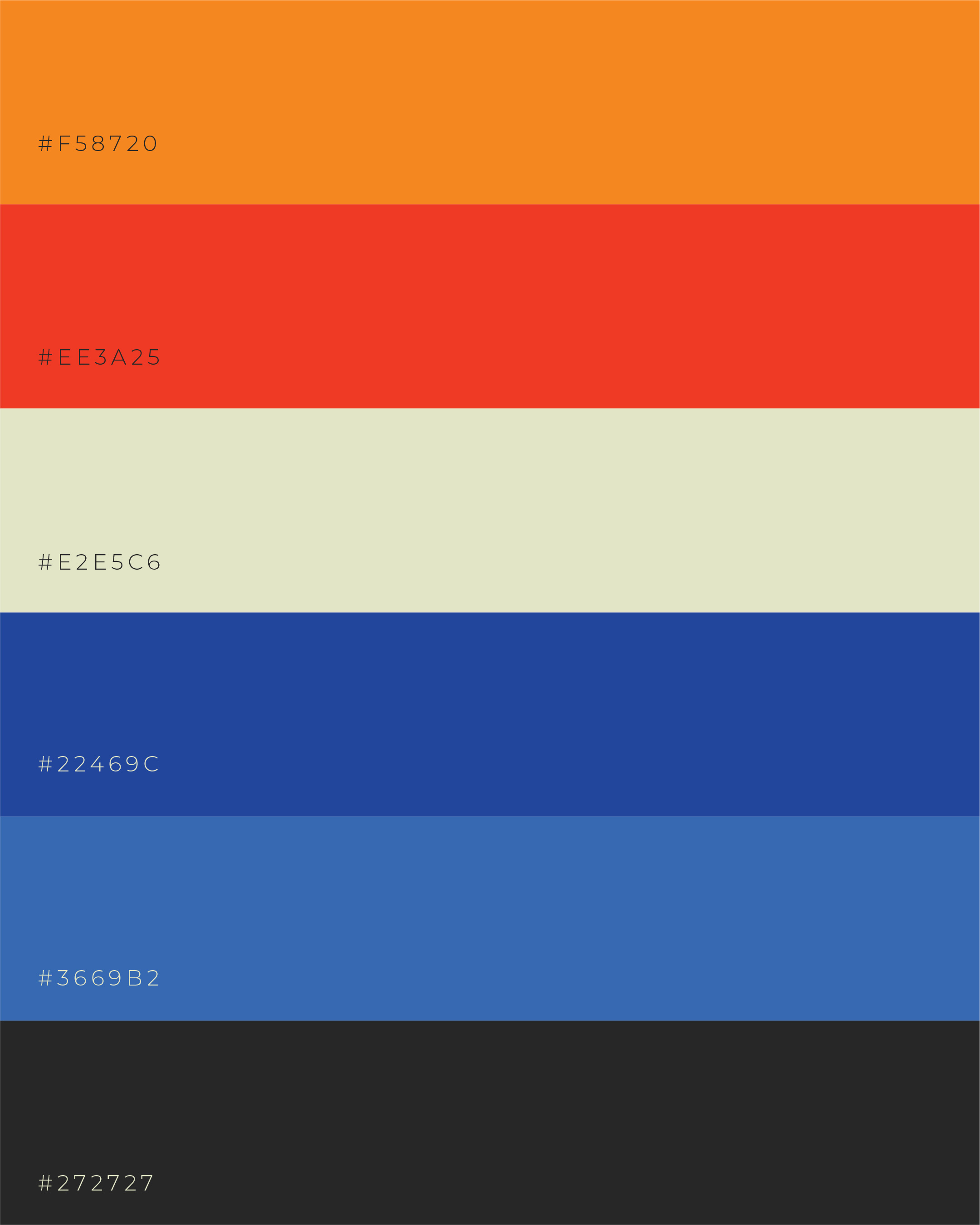 The campaign's colour palette swatches with hex codes, on a dark background.