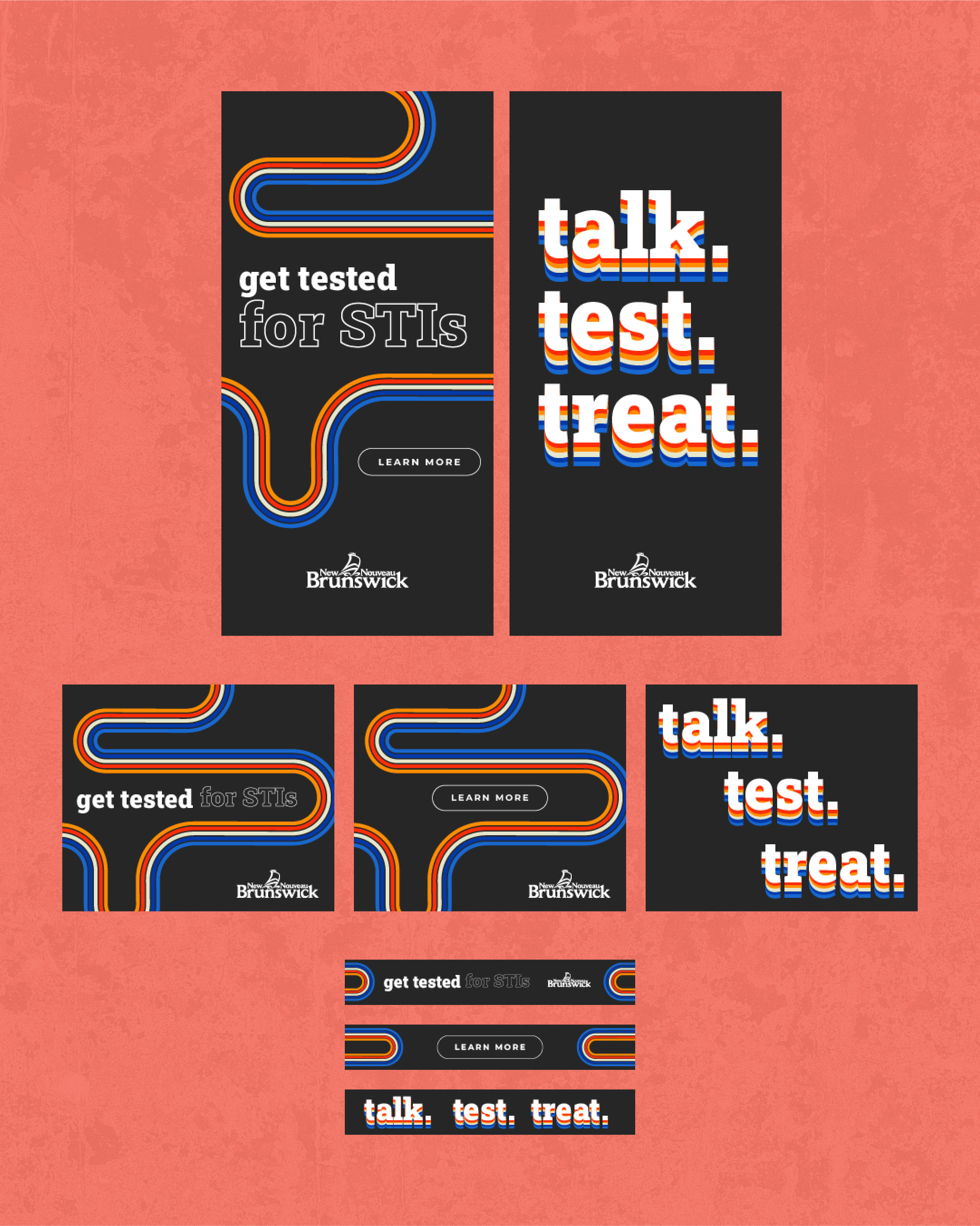 Digital ad banners reading 'get tested for STIs' and 'talk, test, treat' on a coral background.