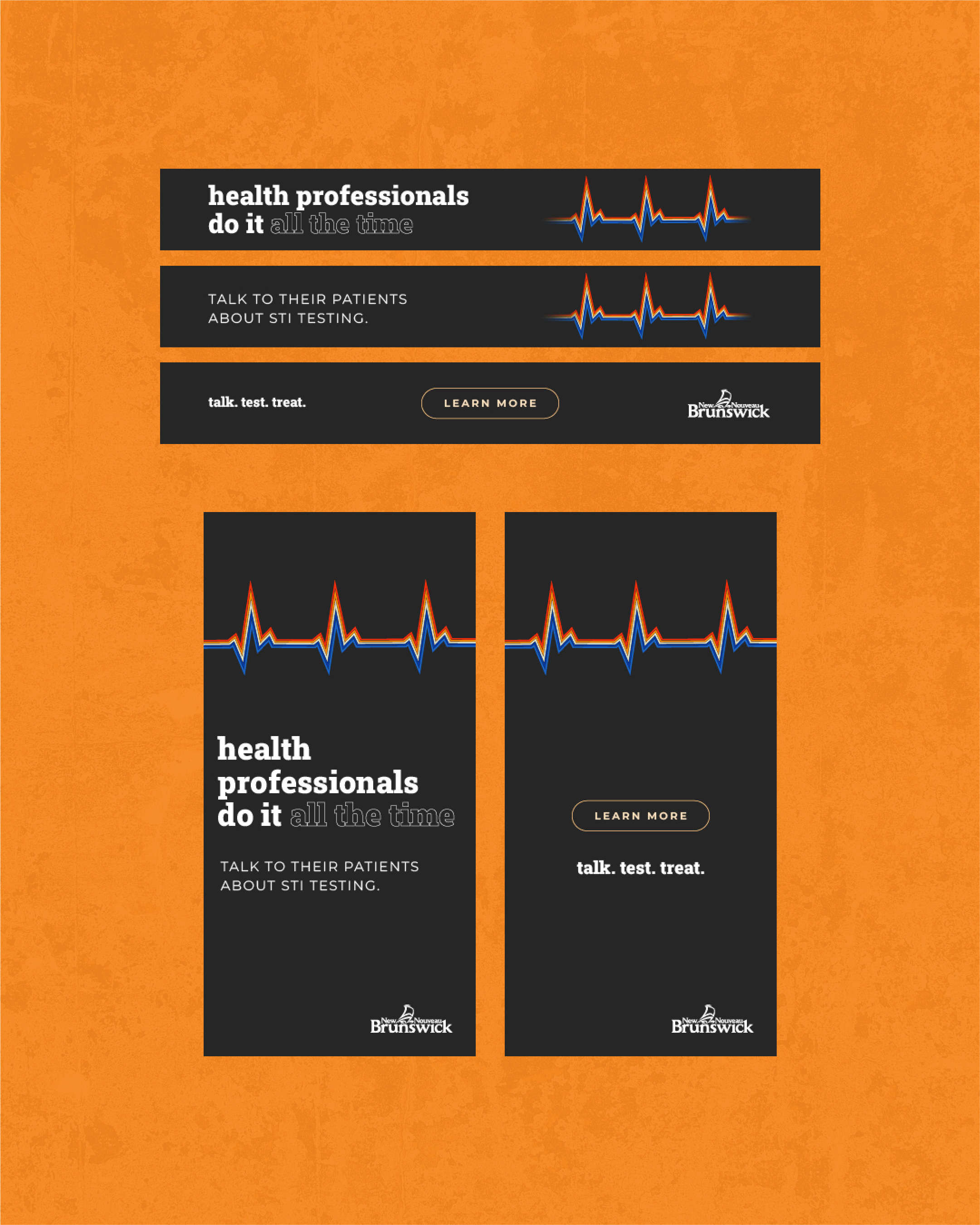 Digital ad banners reading 'health professionals do it all the time' on an orange background.
