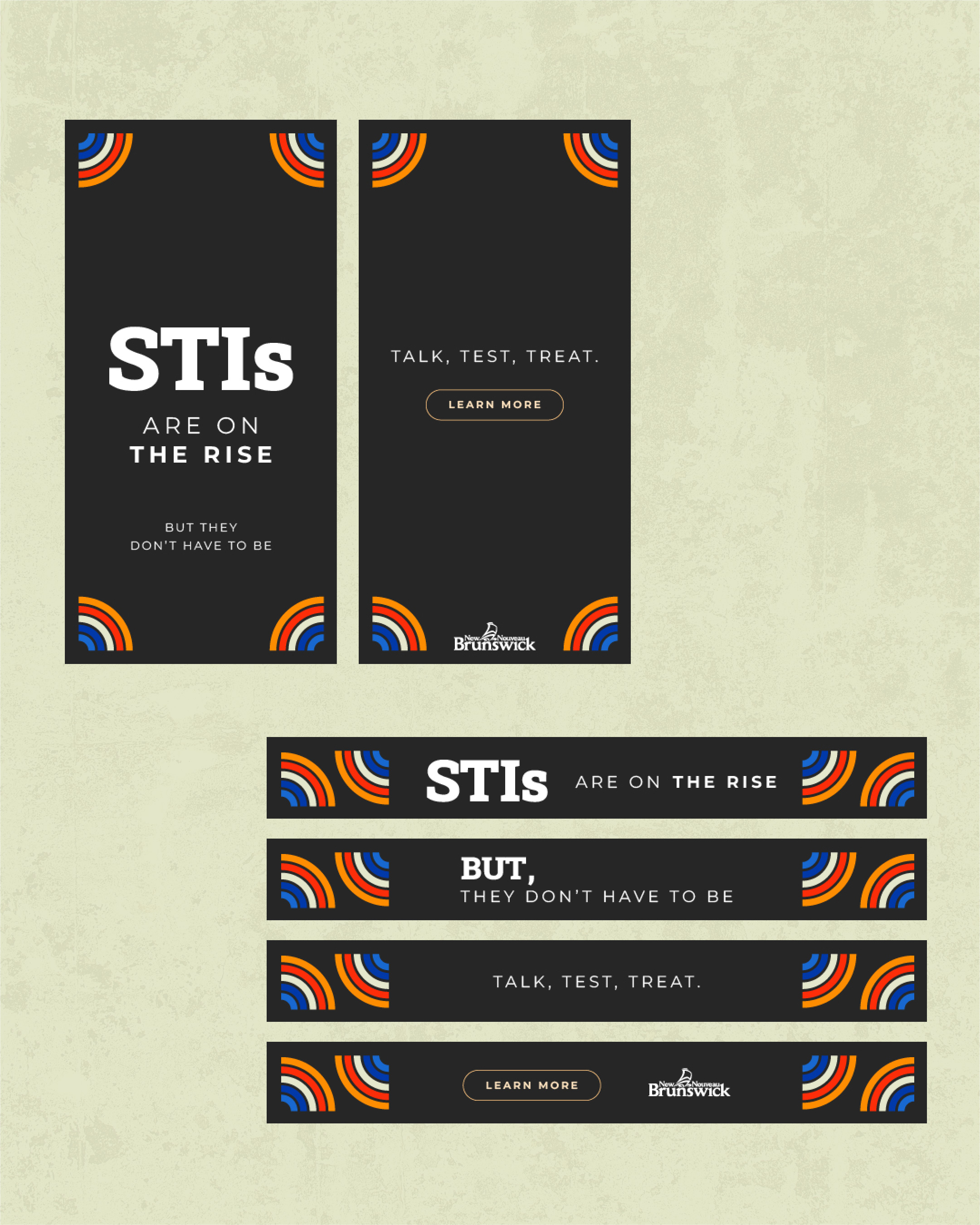 Digital ad banners reading 'STIs are on the rise' on a sage green background.