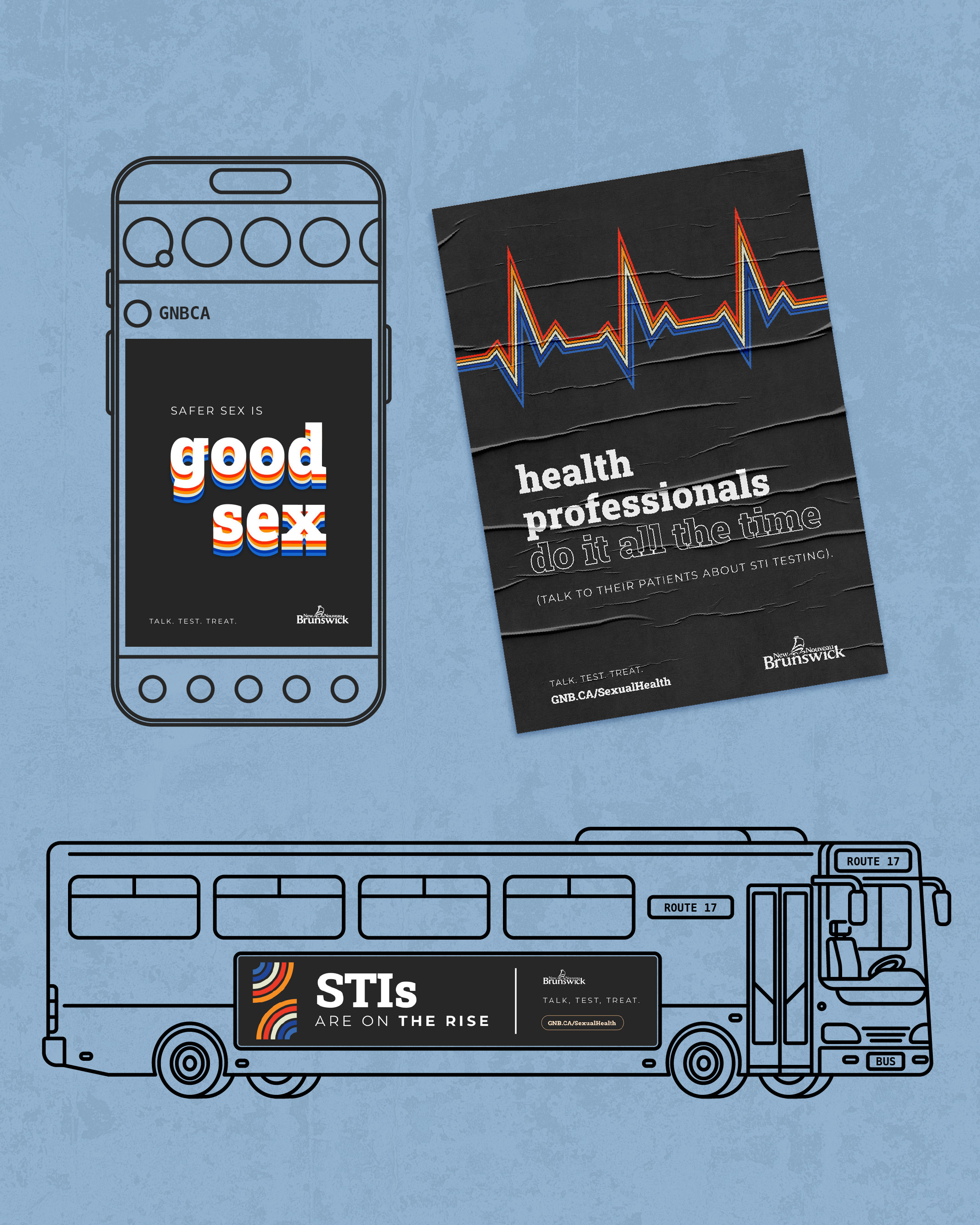 Illustrated bus ad and poster mockup together on a blue background.