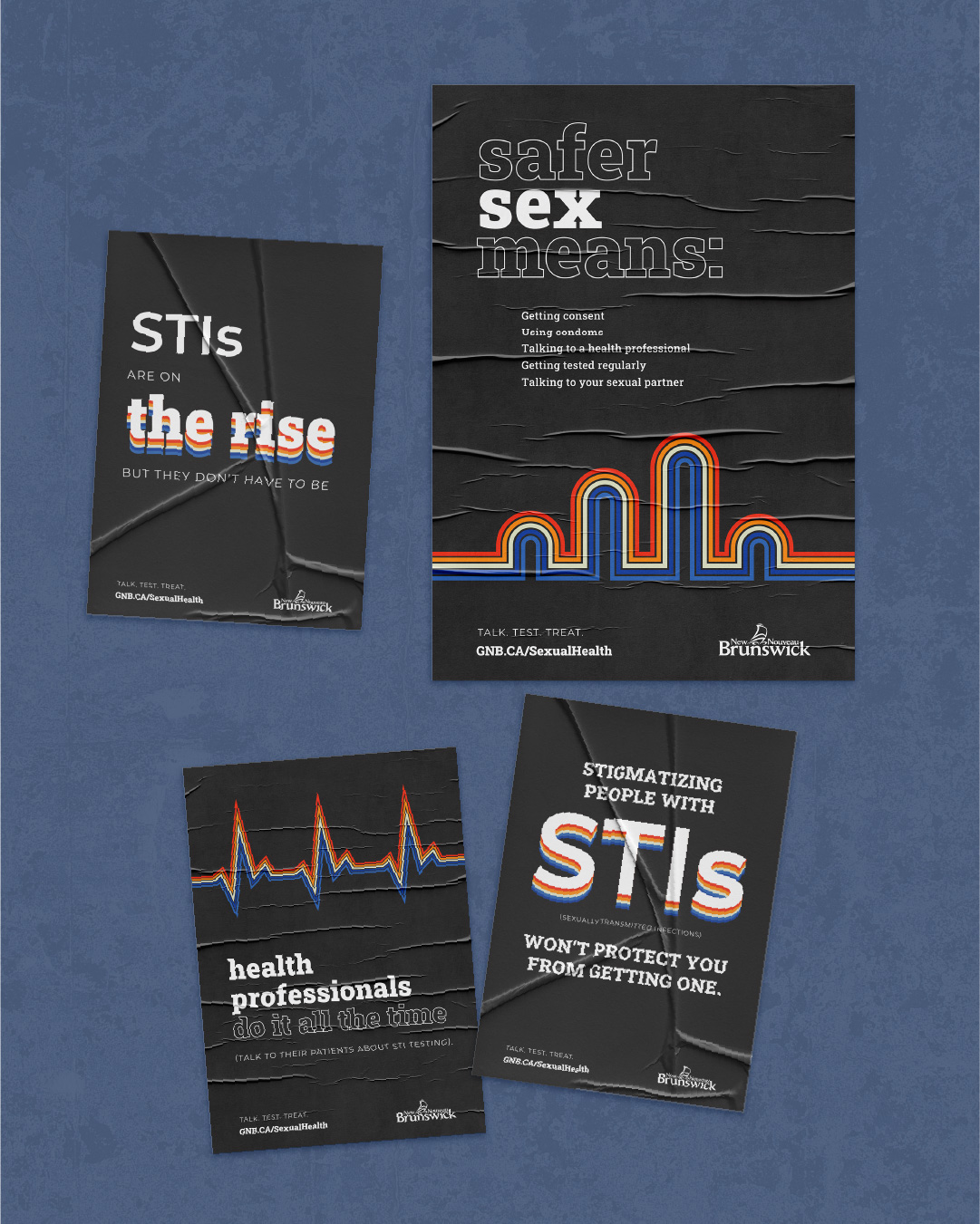 Four dark poster designs about STIs and safer sex, with retro rainbow line-art accents.