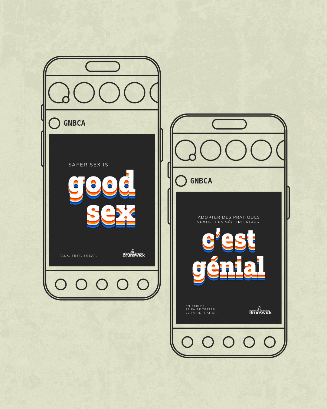 Two illustrated phone mockups showing Instagram posts reading 'good sex' and 'c'est génial' in retro 70s type.